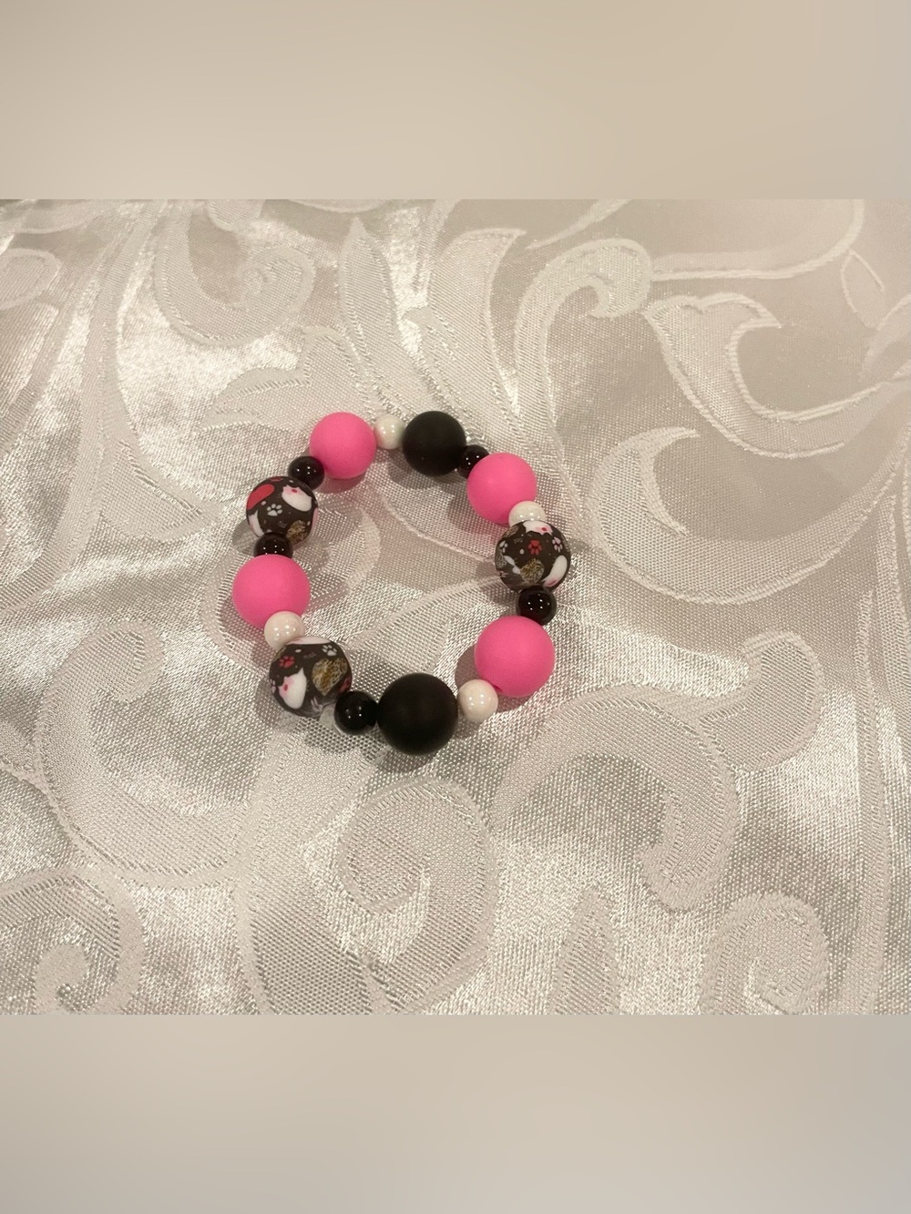 Pink, Black & White Beaded Stretch Bracelet